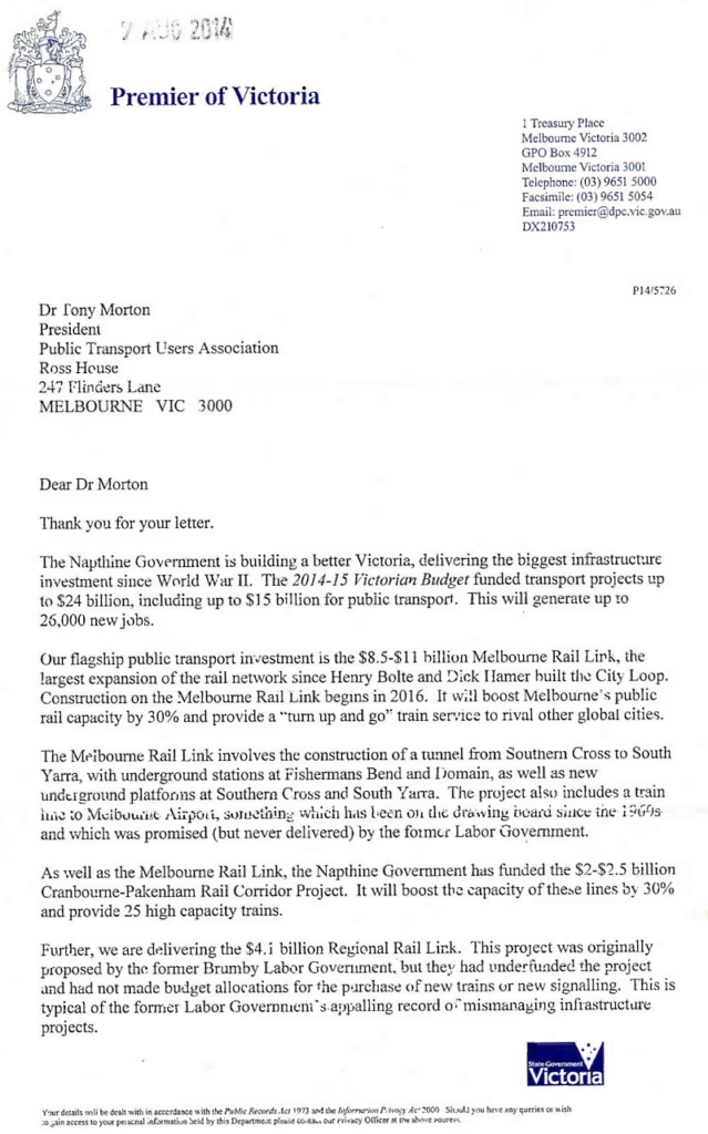 Letter from Premier Napthine to PTUA, August 2014, page 1