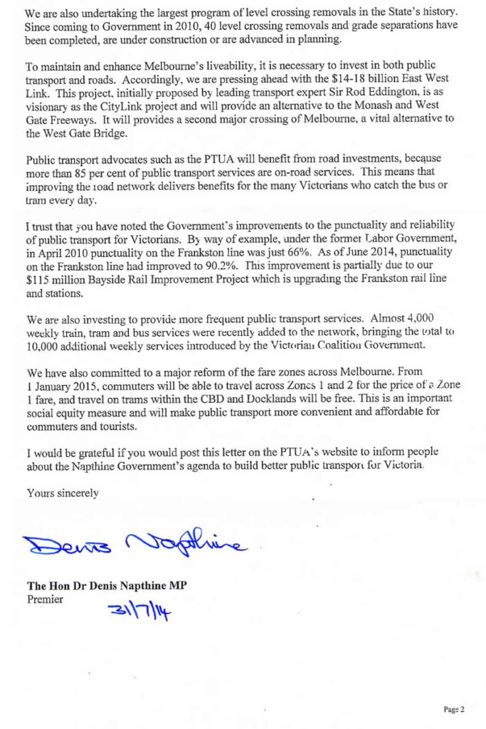 Letter from Premier Napthine to PTUA, August 2014, page 2