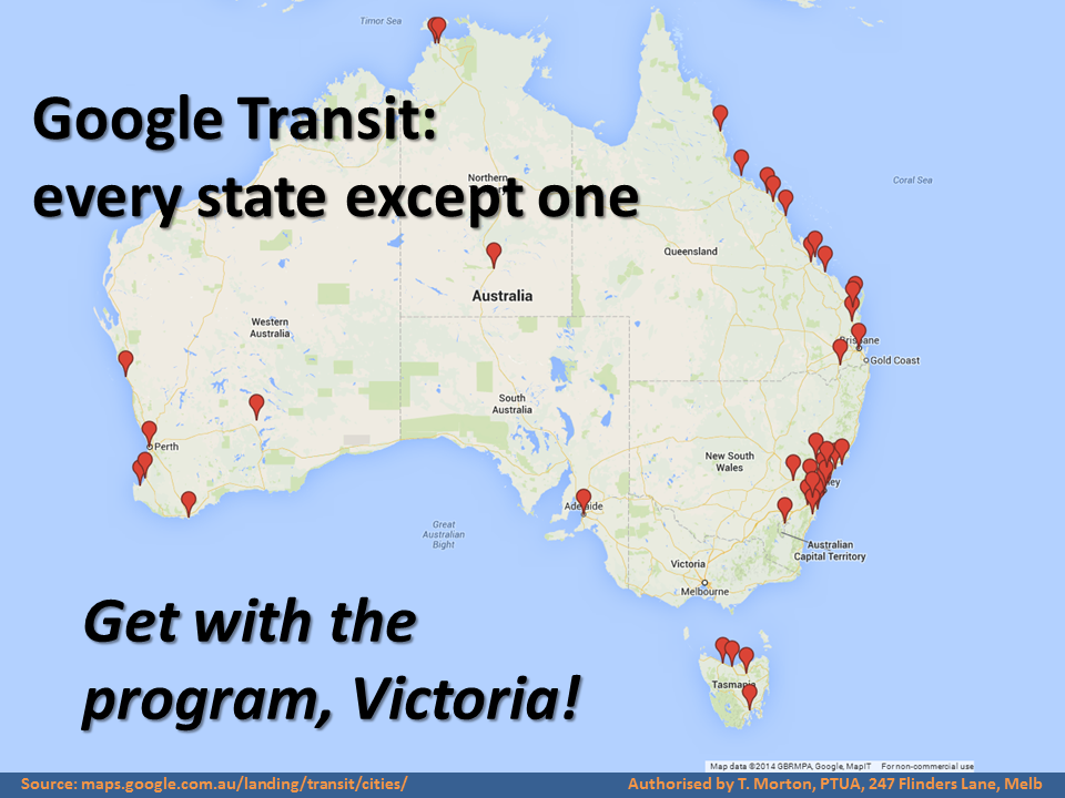 Google Transit includes every state and territory except Victoria