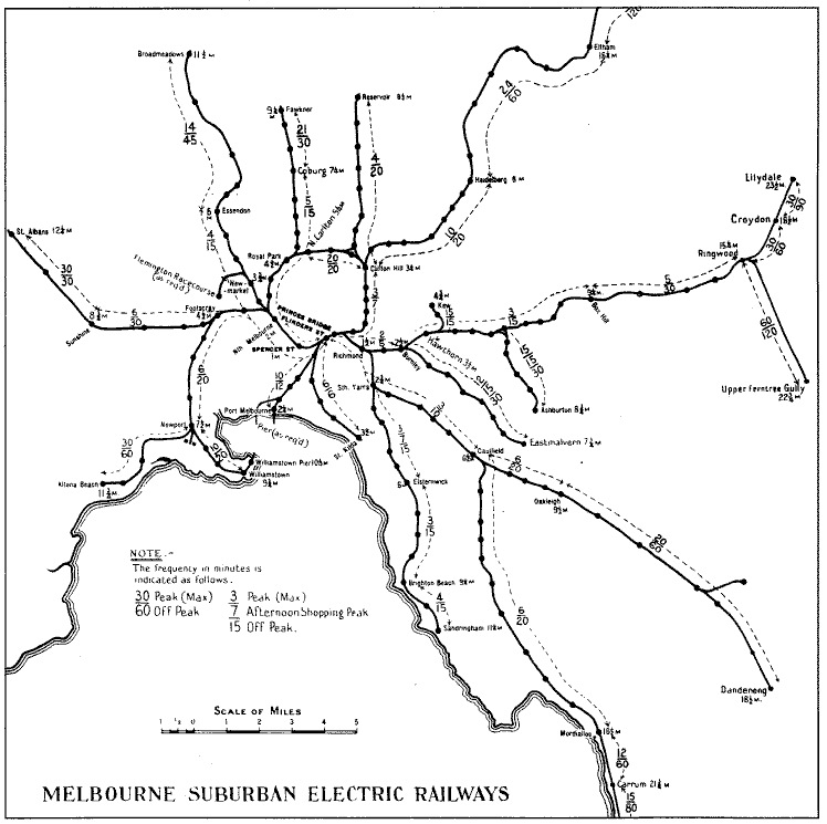 Map of Melbourne rail system and frequencies in 1929